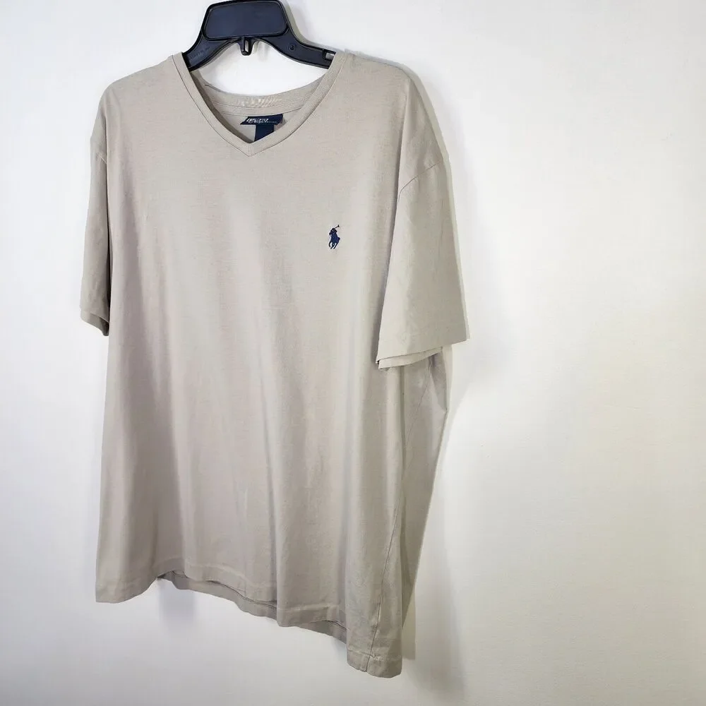 Polo Ralph Lauren Mens T Shirt Large Gray Short Sleeve Blue Pony Cotton V Neck